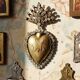 Ex-voto ancien cœur enflammé de Marie pomponne serti de strass, XIXe-XXe