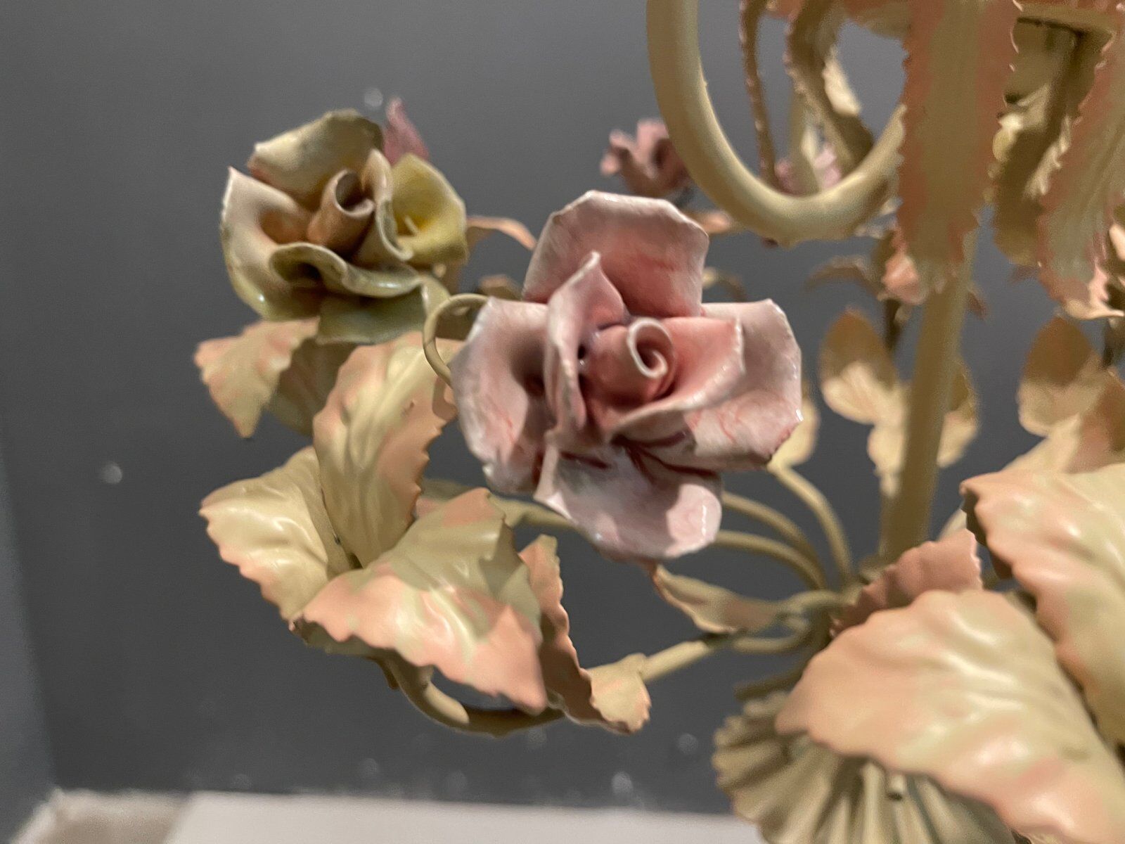 Italian Tole and Ceramic Rose Chandelier