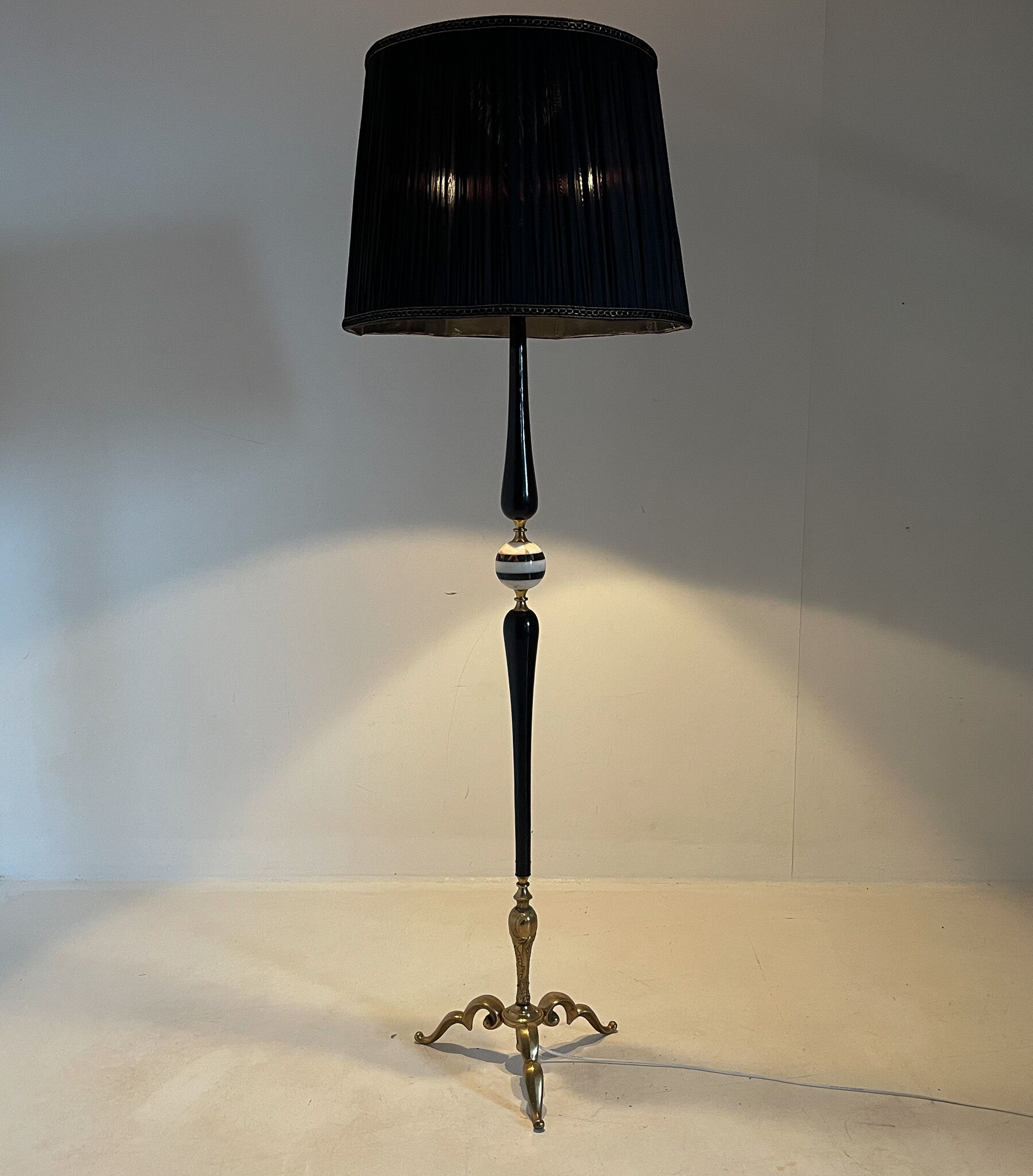 Brass, onyx & ebonized wood floor lamp, italy 1950