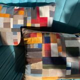 Patchwork cushions made from upholstery fabric