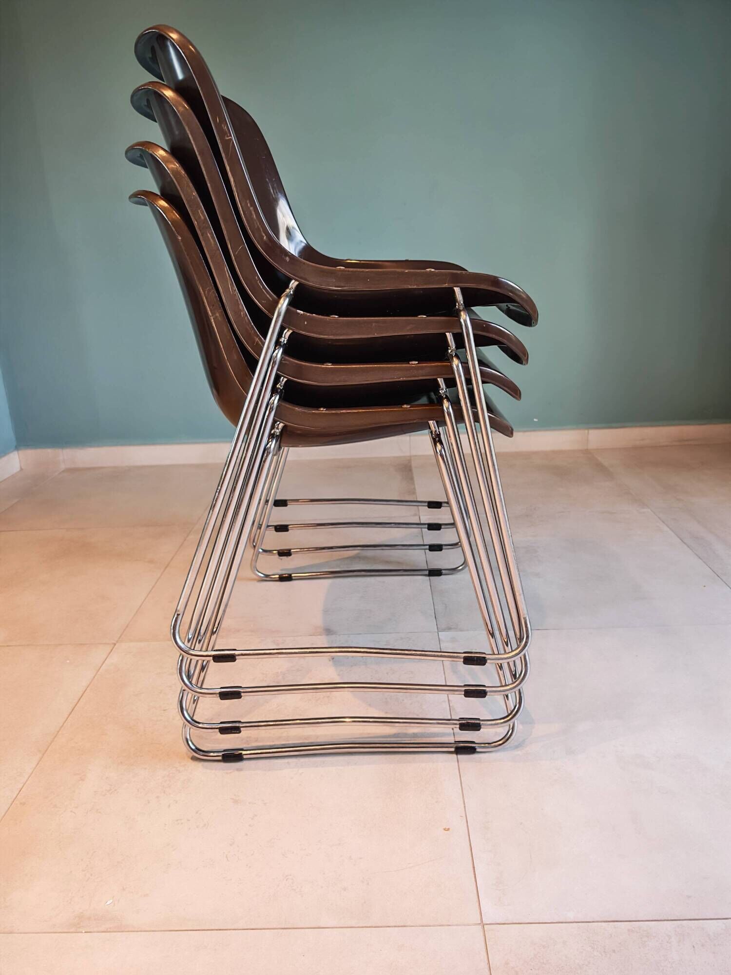 4 Vintage Space Age Chocolate Brown & Chrome Chairs 1970