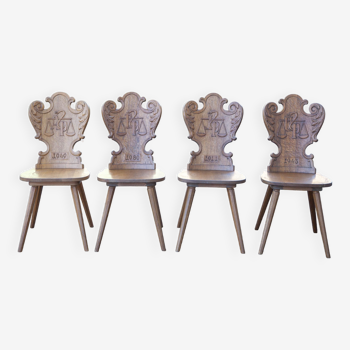 Set of 4 carved wooden stepladder chairs, pharmacy, brutalist, mountain style