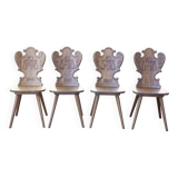 Set of 4 carved wooden stepladder chairs, pharmacy, brutalist, mountain style