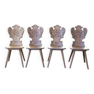 Set of 4 carved wooden stepladder chairs, pharmacy, brutalist, mountain style