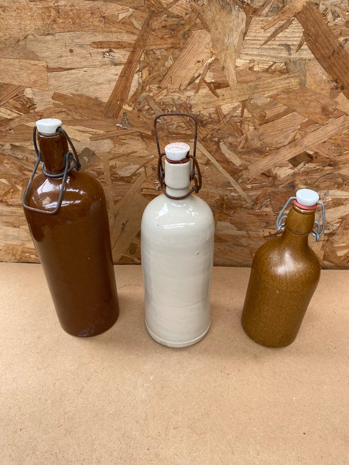 Set of 3 old brown & white stoneware bottles vintage kitchen