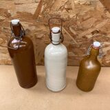 Set of 3 old brown & white stoneware bottles vintage kitchen