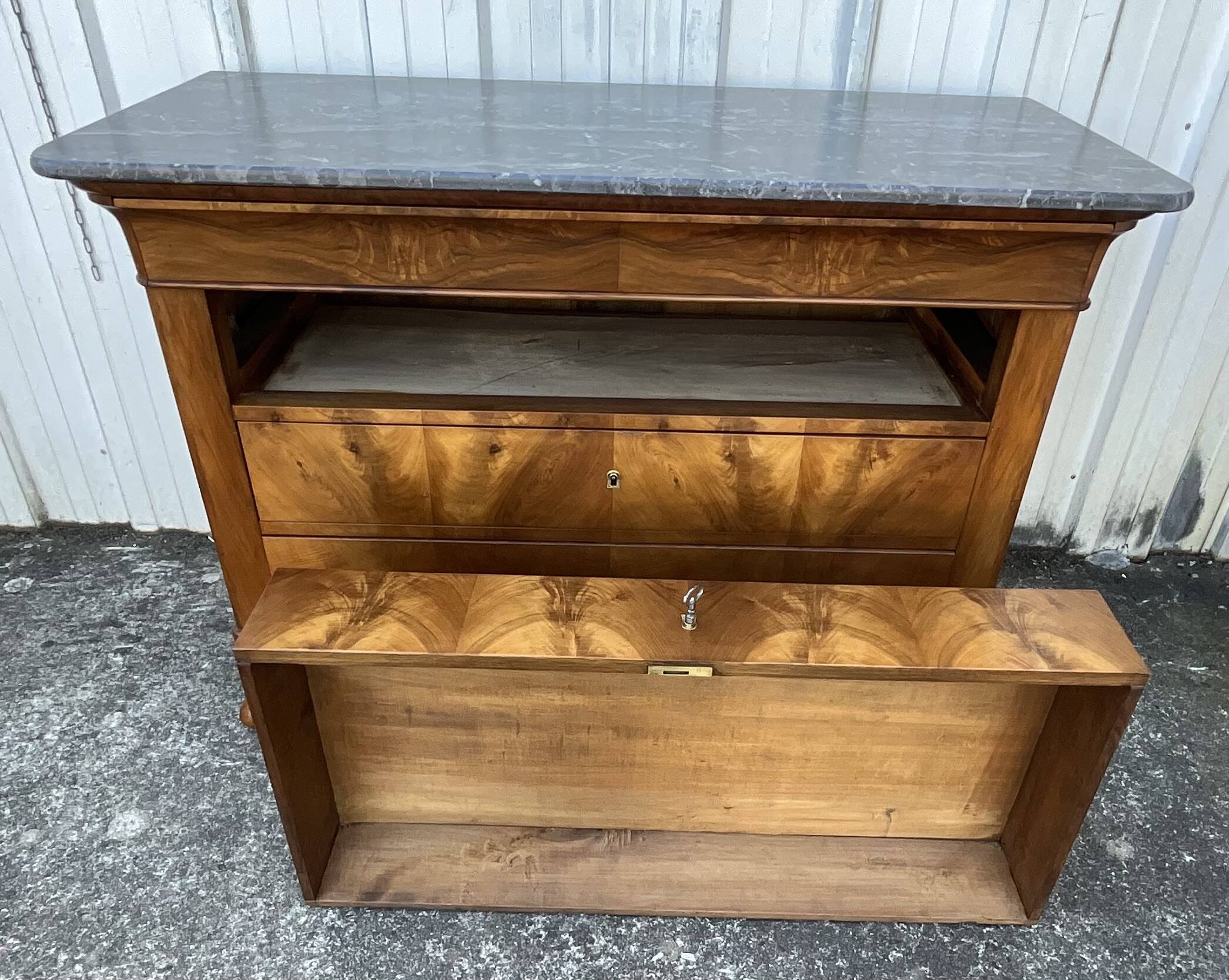 Louis-Philippe commode in burr walnut, Saint-Anne grey marble, mid-century