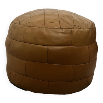 Round pouf in cognac patchwork leather, 1970s