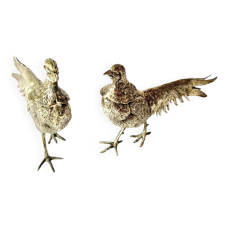 Pair of decorative silver metal pheasants