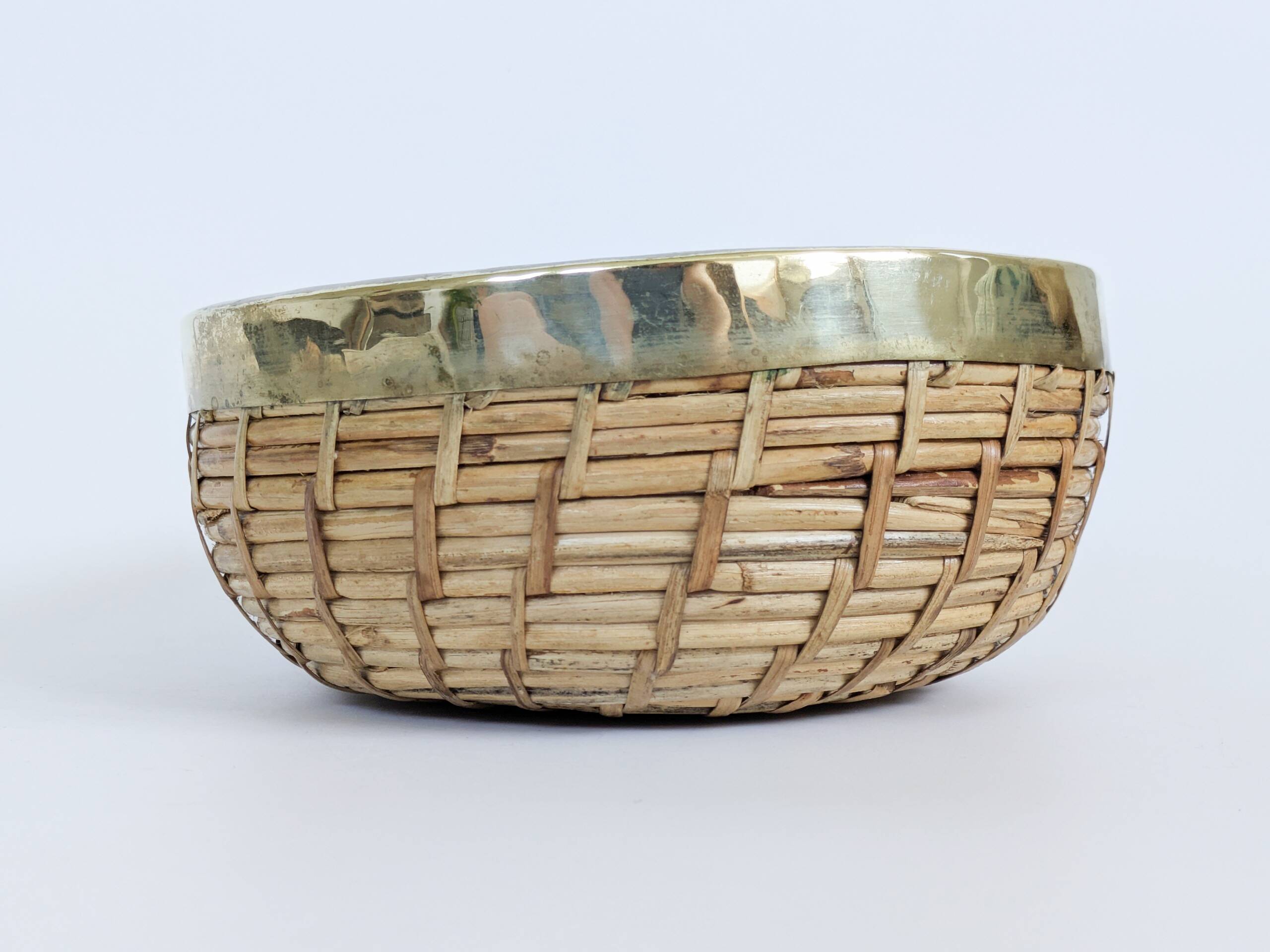 Vintage Brass Rattan Bowl by Gabriella Crespi 1970s Fruit Basket