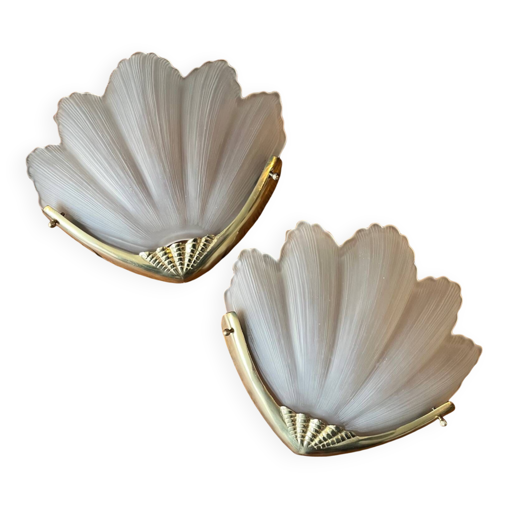 2 brass shell wall lamp covers in art deco molded glass