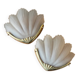 2 brass shell wall lamp covers in art deco molded glass