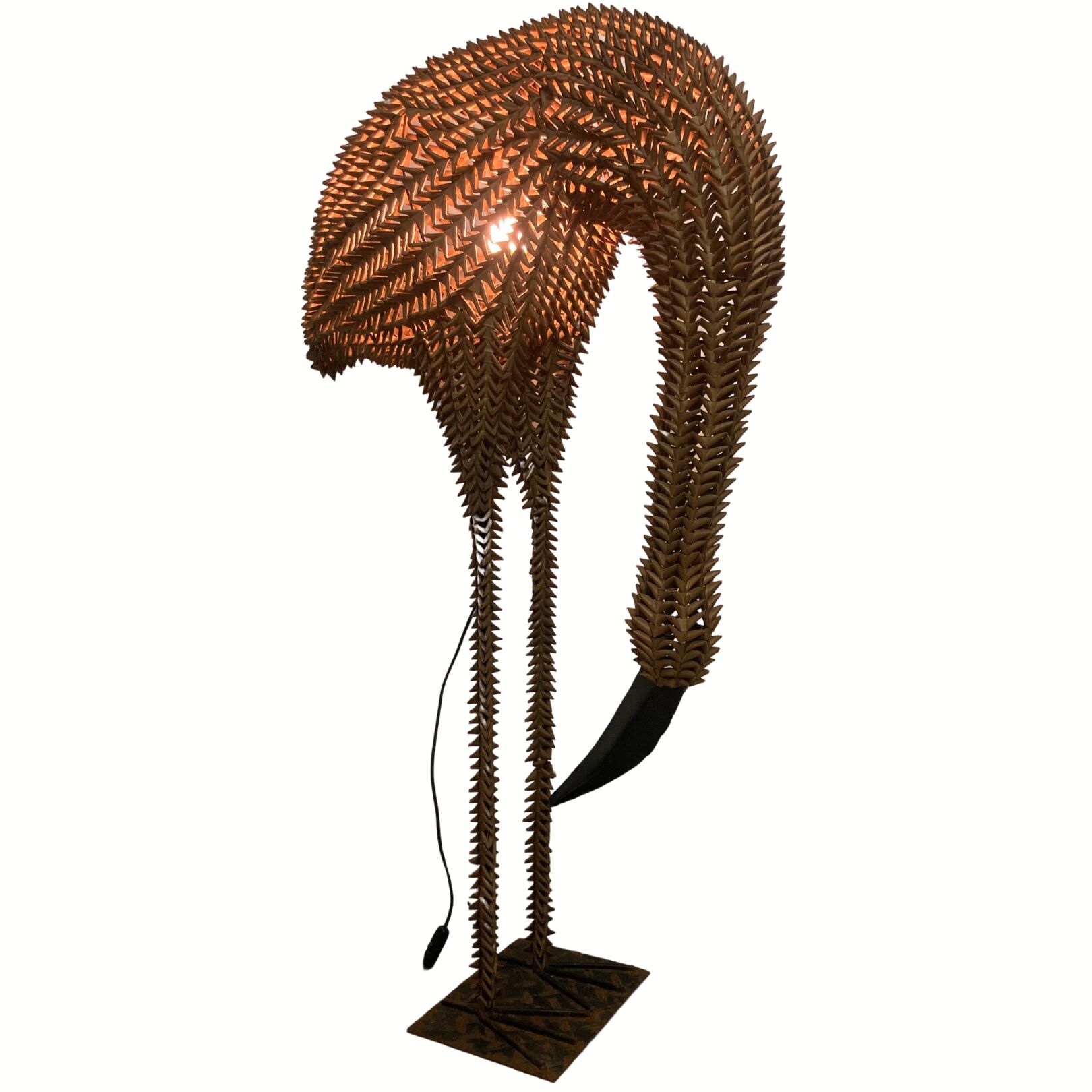 1960s bamboo rattan wicker crane flamingo bird lamp, USA