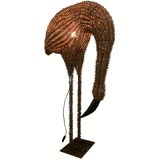 1960s bamboo rattan wicker crane flamingo bird lamp, USA