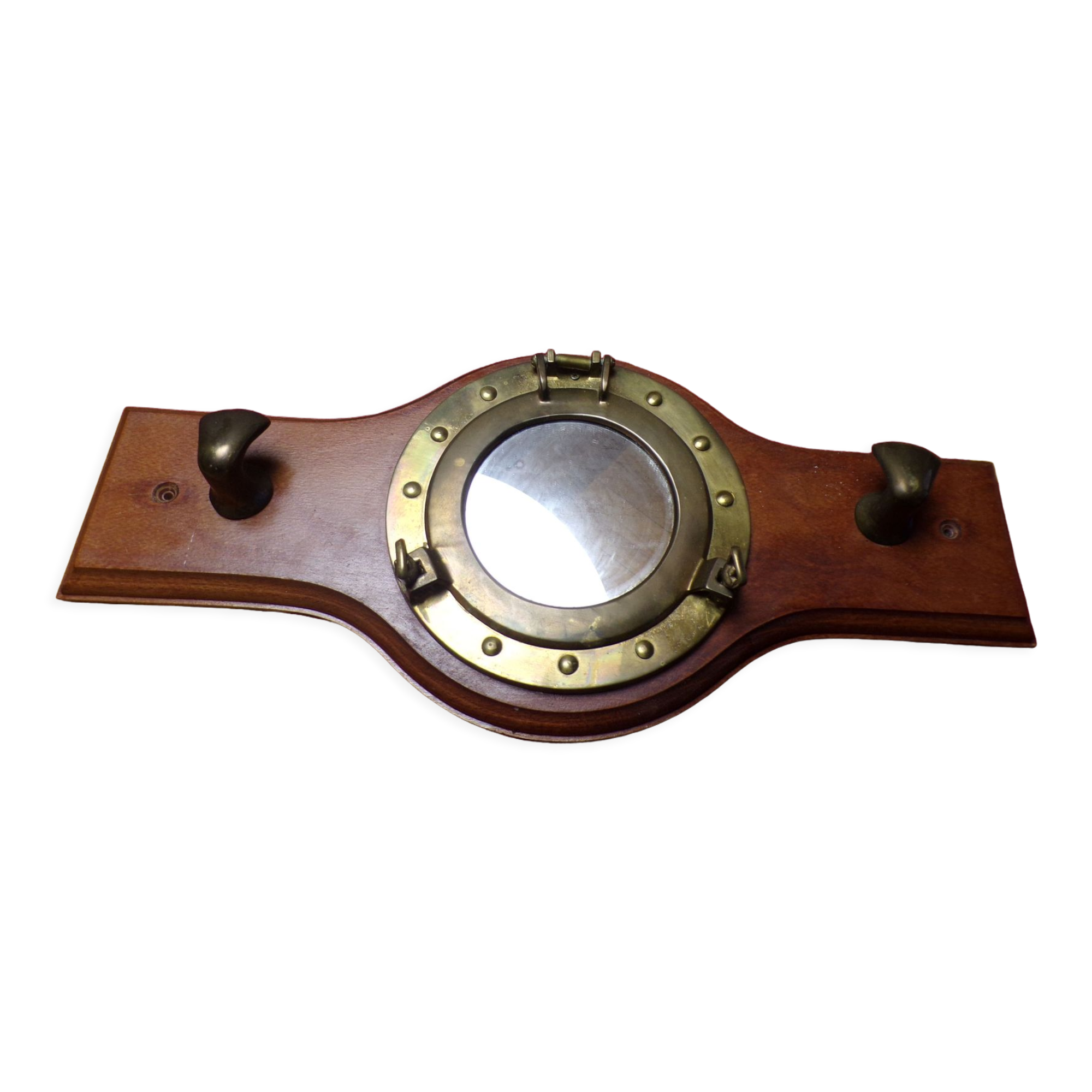 Marine style coat rack with porthole mirror