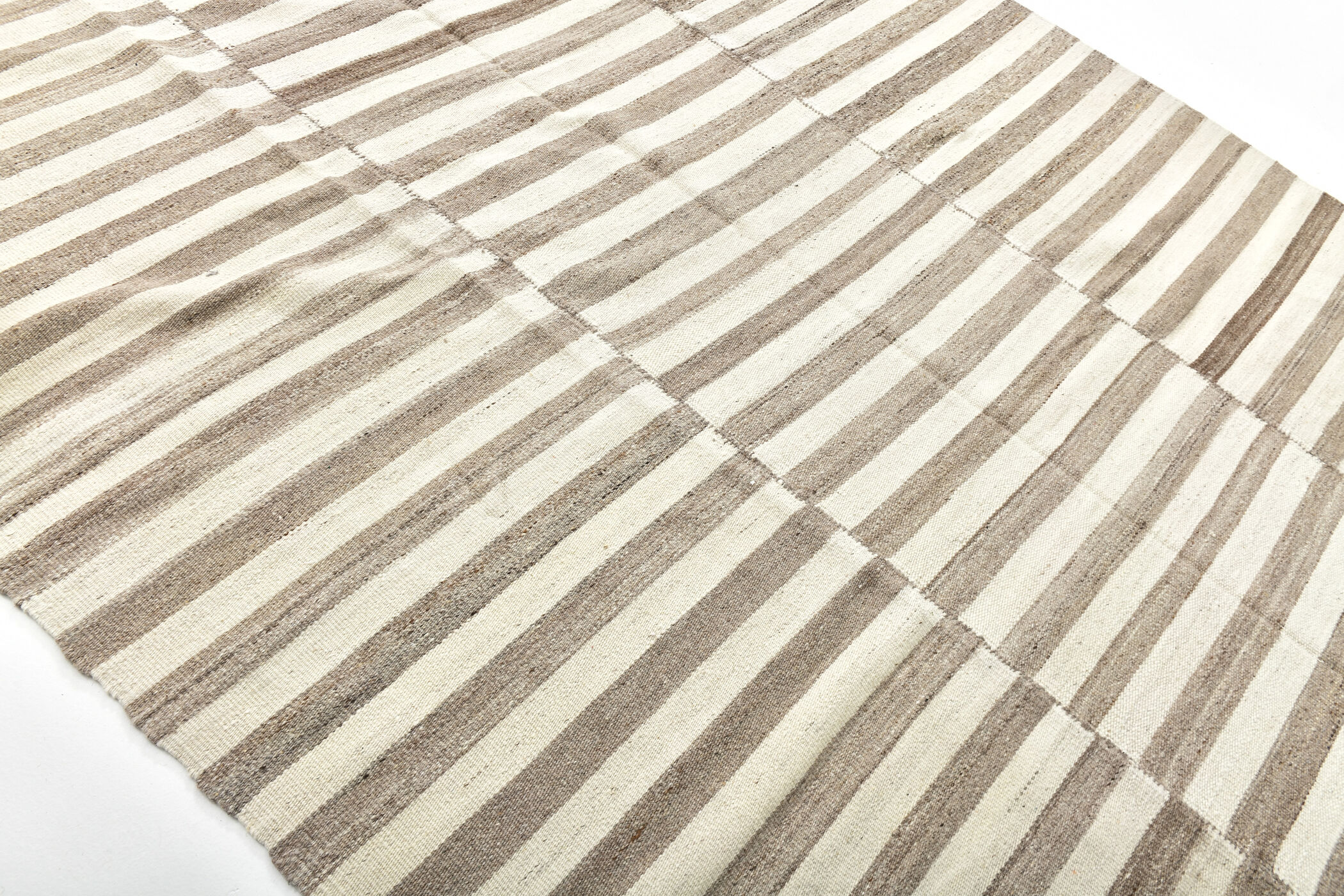 210x300 cm Natural Turkish Kilim, Striped white and brown kilim carpet