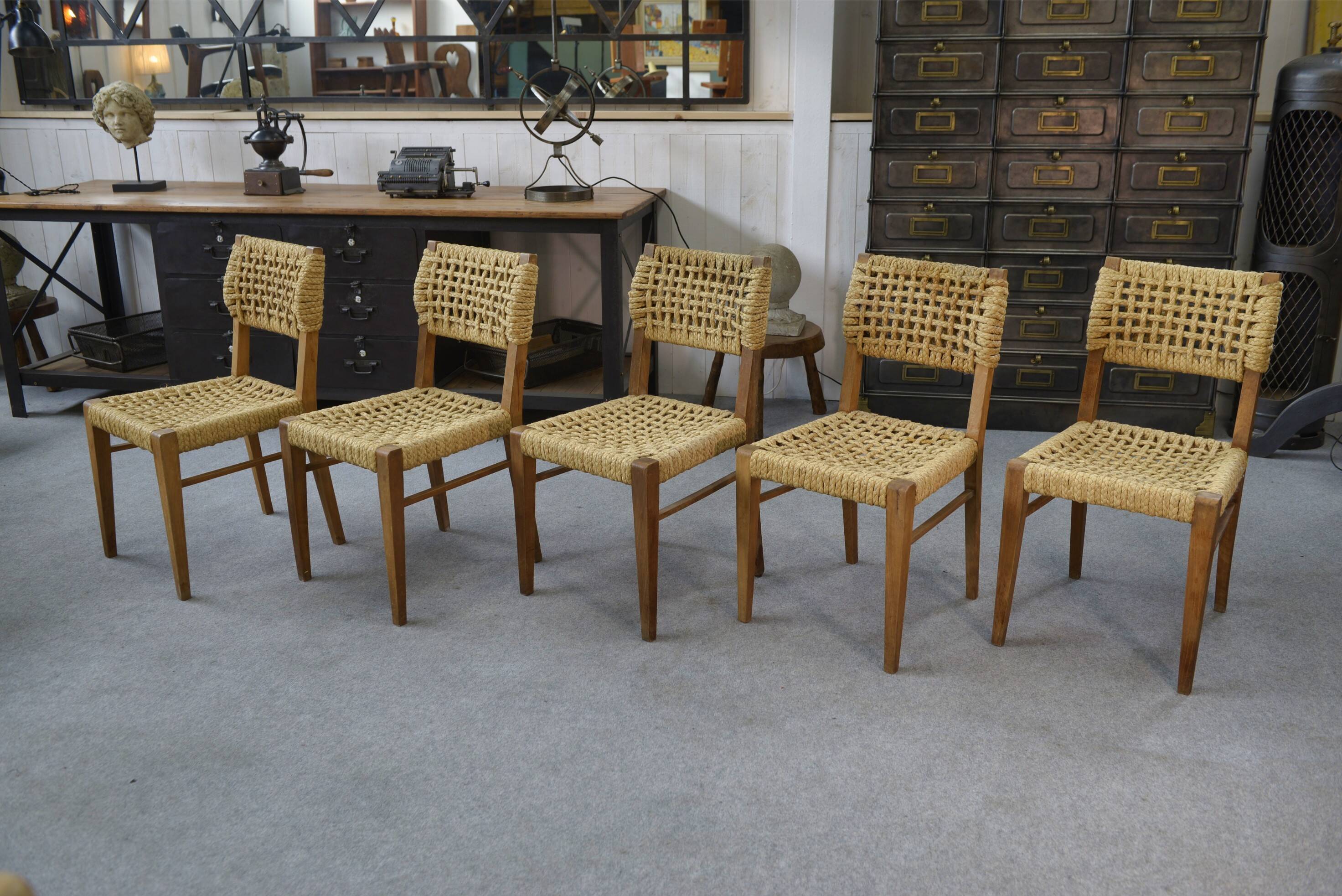 Set of 6 woven rope chairs by Adrien Audoux & Frida Minet for Vibo Versoul 1940's