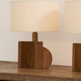 Pair of geometric handcrafted lamps in solid oak circa 1970.