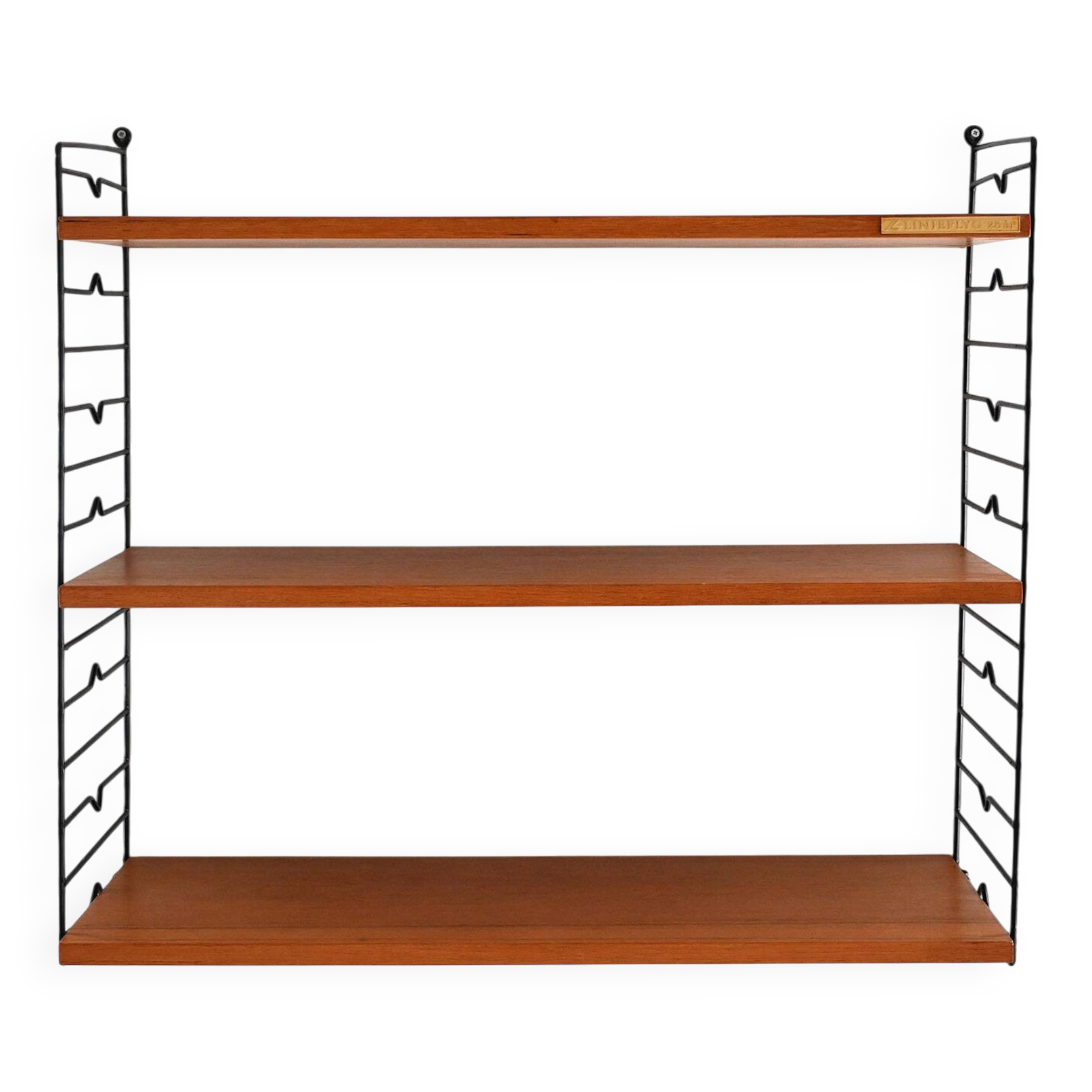 Scandinavian Hylla teak wall shelf with brass label