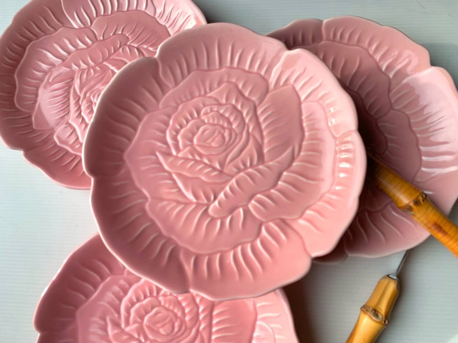 4 vintage rose shaped barbotine plates
