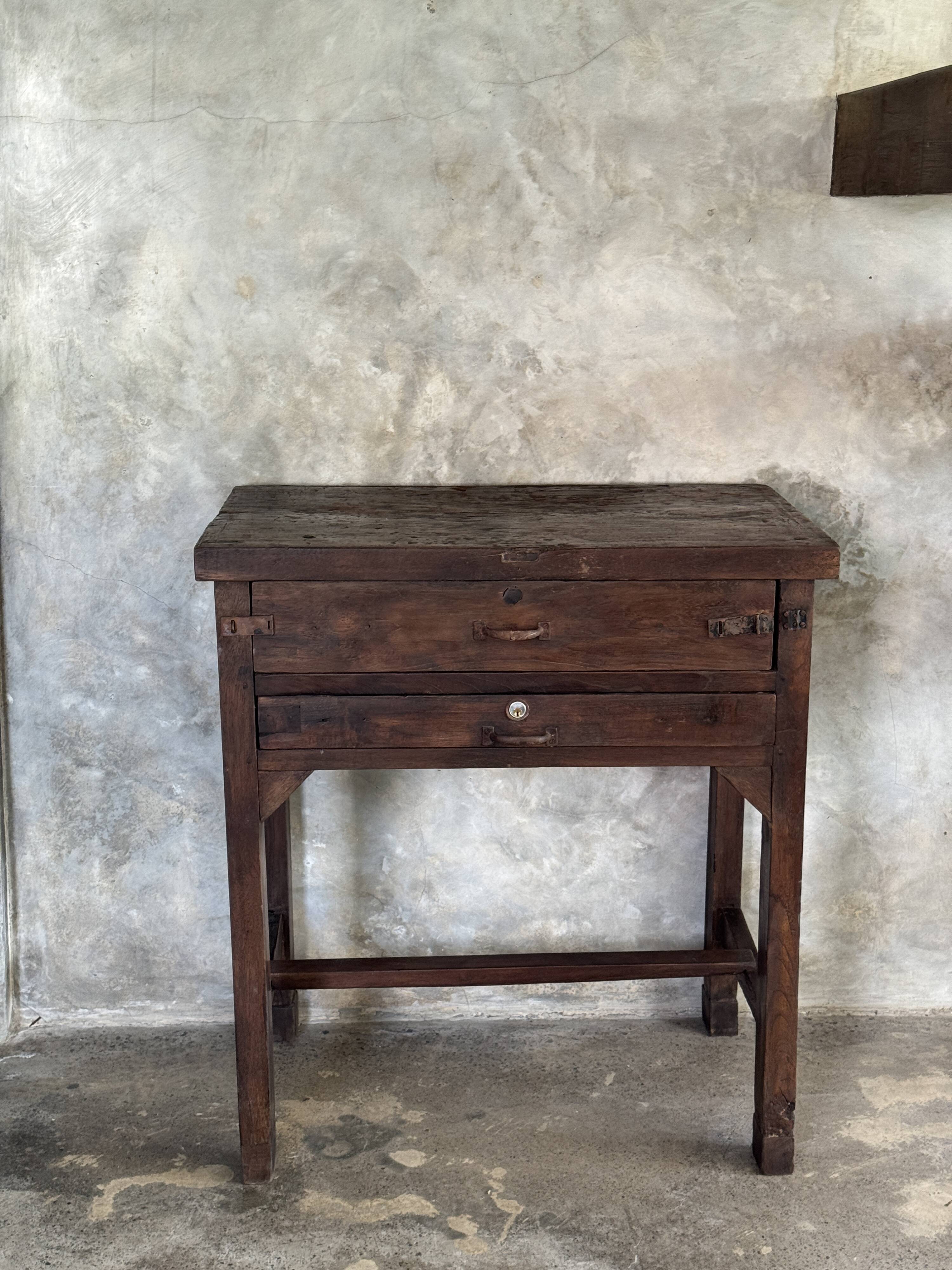 Antique Indonesian teak workbench with two drawers and stretcher H89.