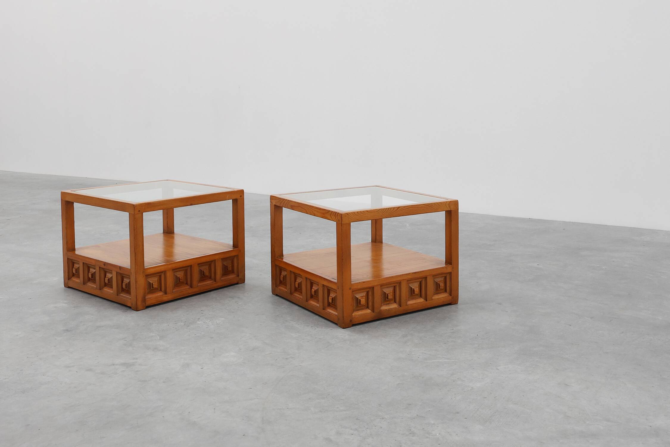 Pair geographical designed square Biosca coffee tables in pine wood, Spain