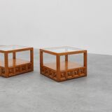 Pair geographical designed square Biosca coffee tables in pine wood, Spain