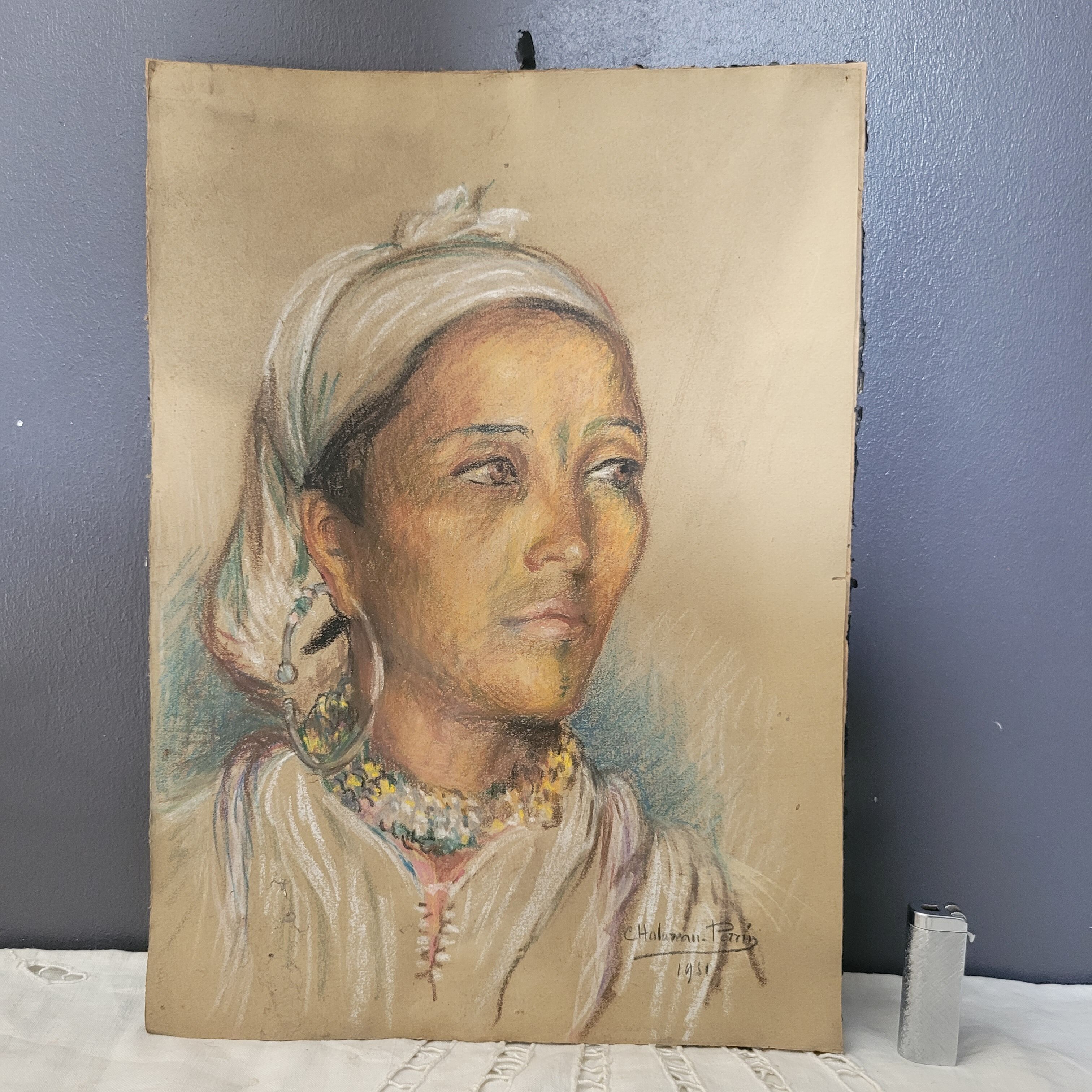 Painting on pencil paper signed Madeleine Chalureau Perrin 1951