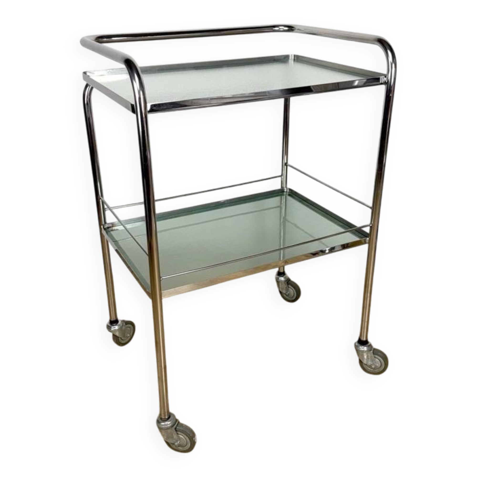 Modernist chrome and vintage frosted glass serving trolley