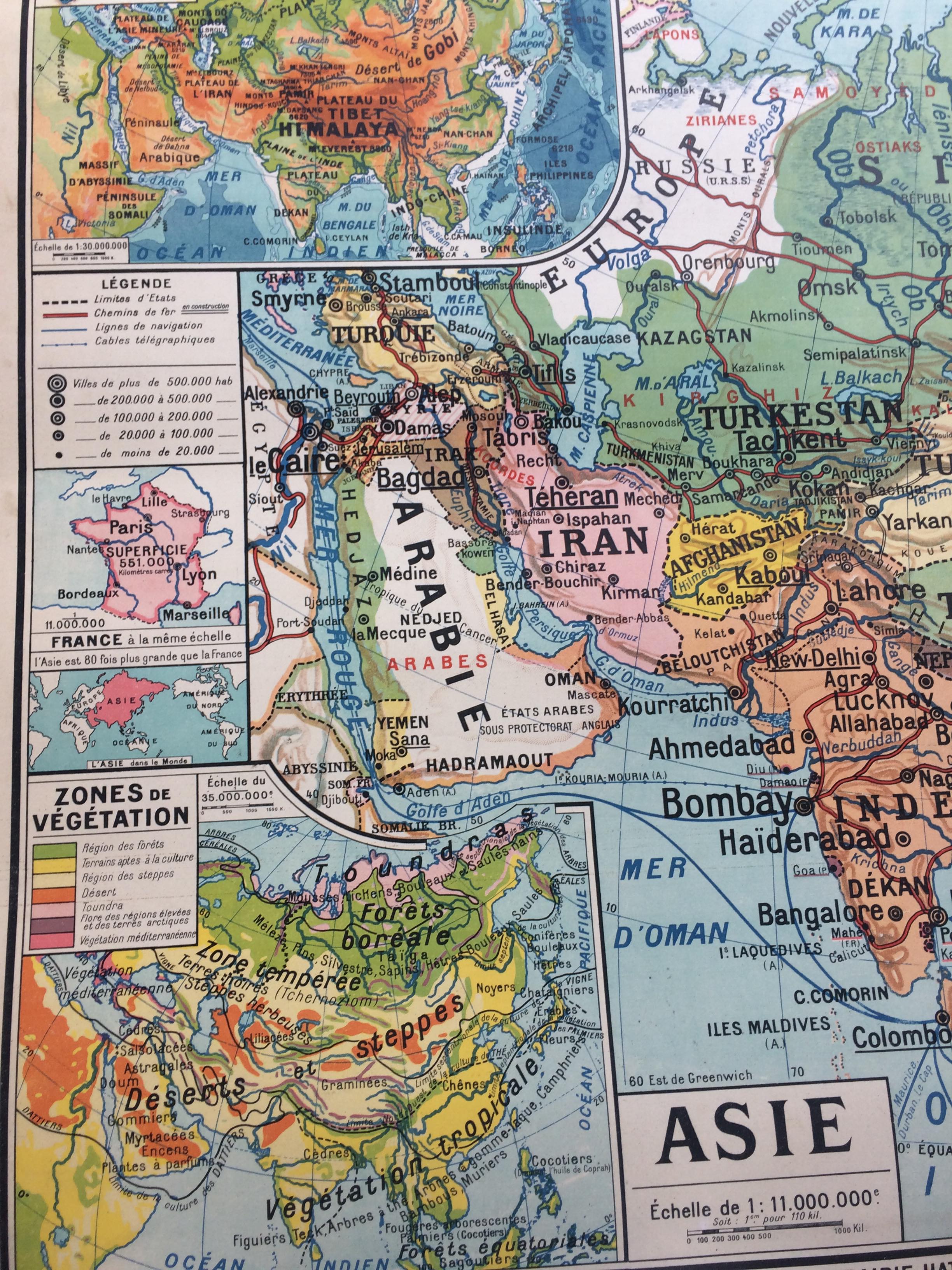 Map of old cardboard school Asia Jean Brunhes Deffontaines