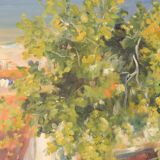 Impressionist seaside landscape with village