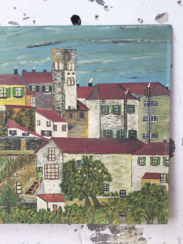 Huile sur bois « ville » Bernier