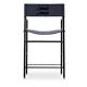 A pair of bar stools with a navy blue leather backrest and black rubber.