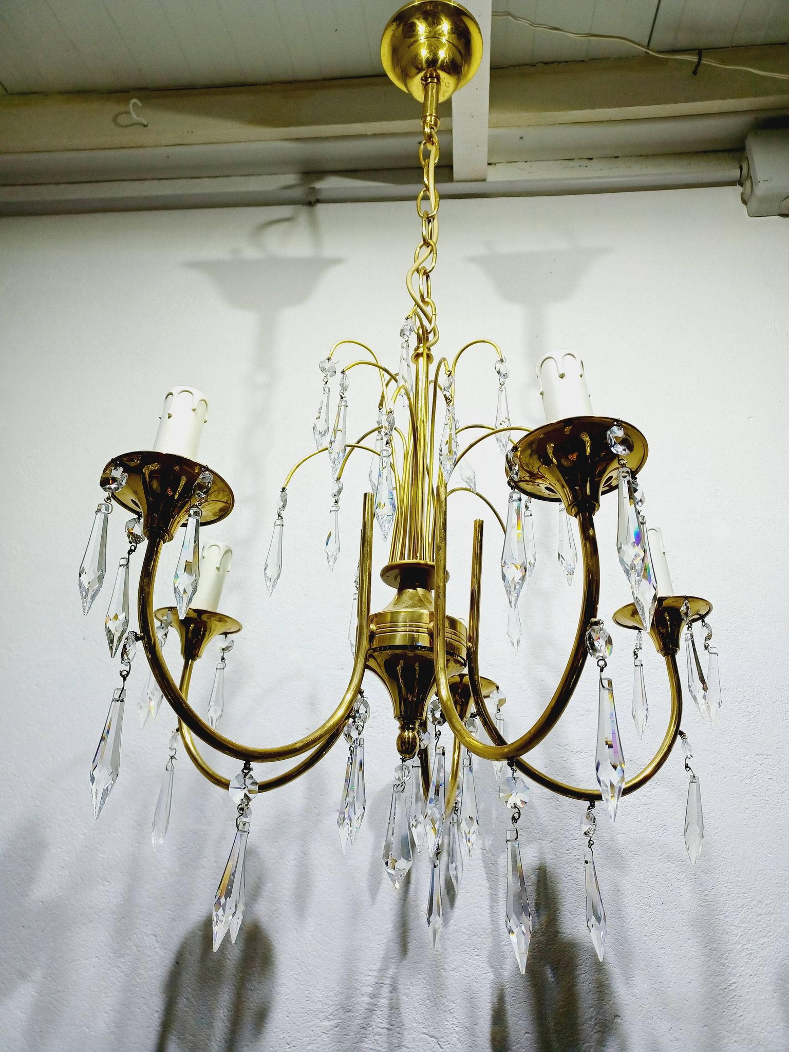 Lustre 5 lumières en laiton et cristal