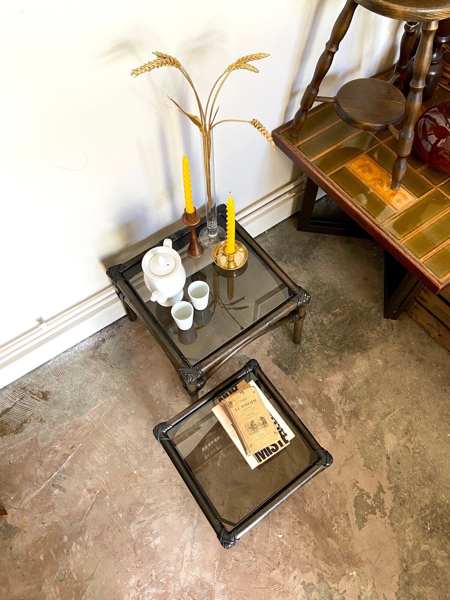 2 coffee tables, rattan sofa tips and smoked glass