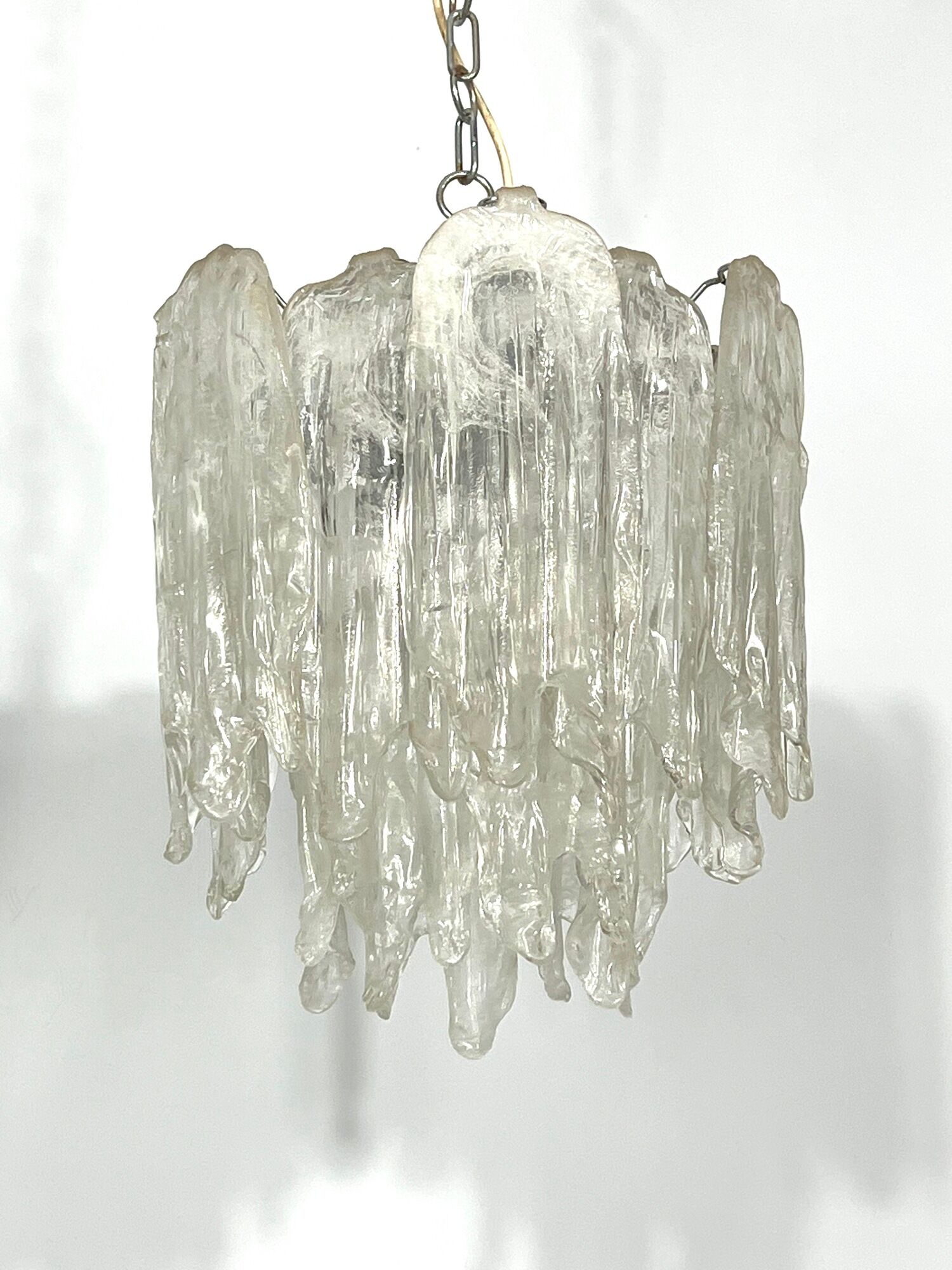 Mazzega Ice glass, pair of vintage murano chandeliers from 70s