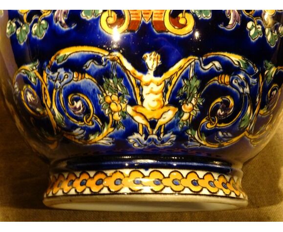 Pied de lampe faïence de Gien décor Renaissance fond bleu | Selency