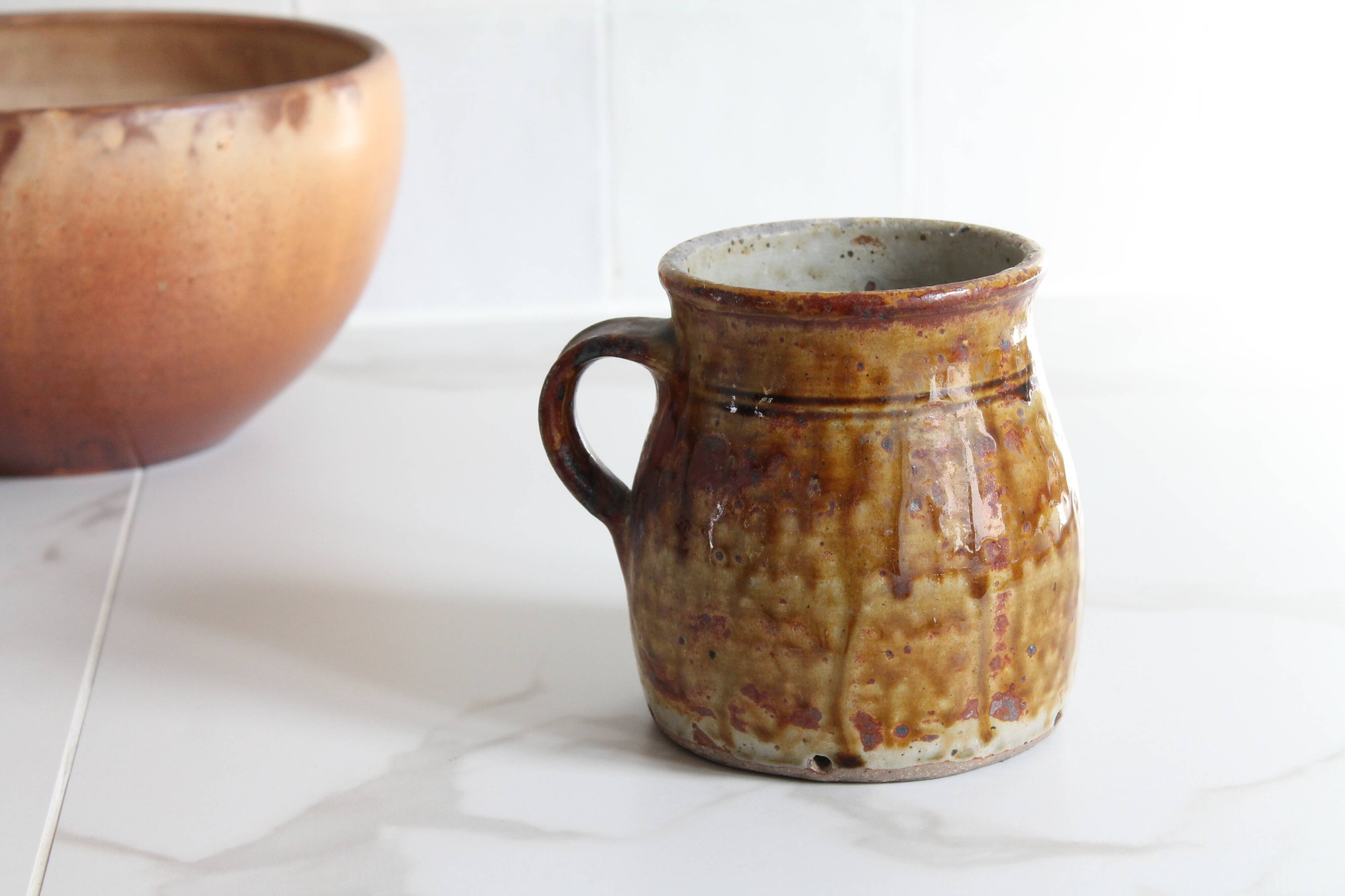 Ancient ceramic cream pot, pyrite stoneware, glazed from La Borne, France.