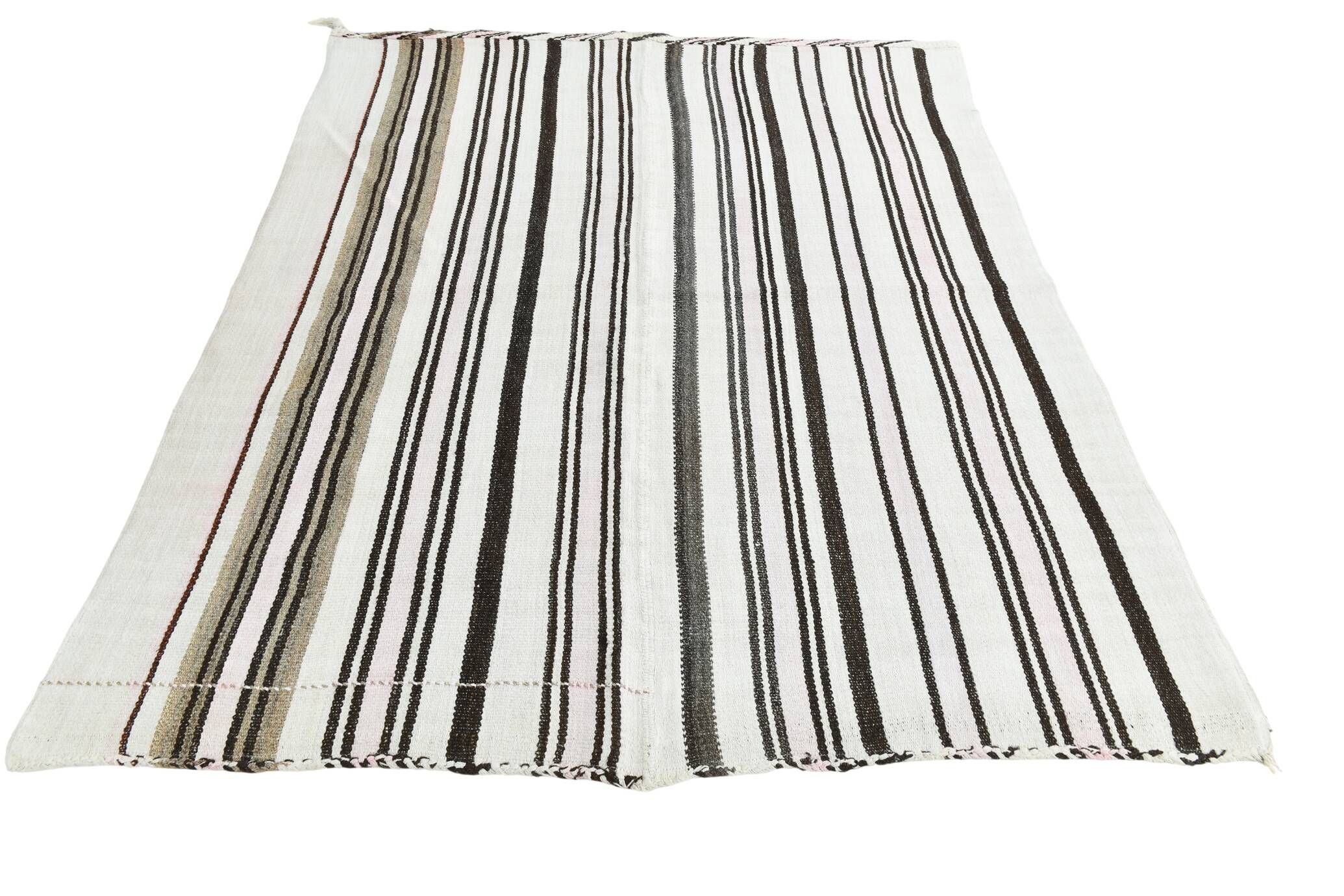 Kilim Turc Vintage Rayé Blanc et Brun, Tapis Bohème Tissé Main,175x220Cm