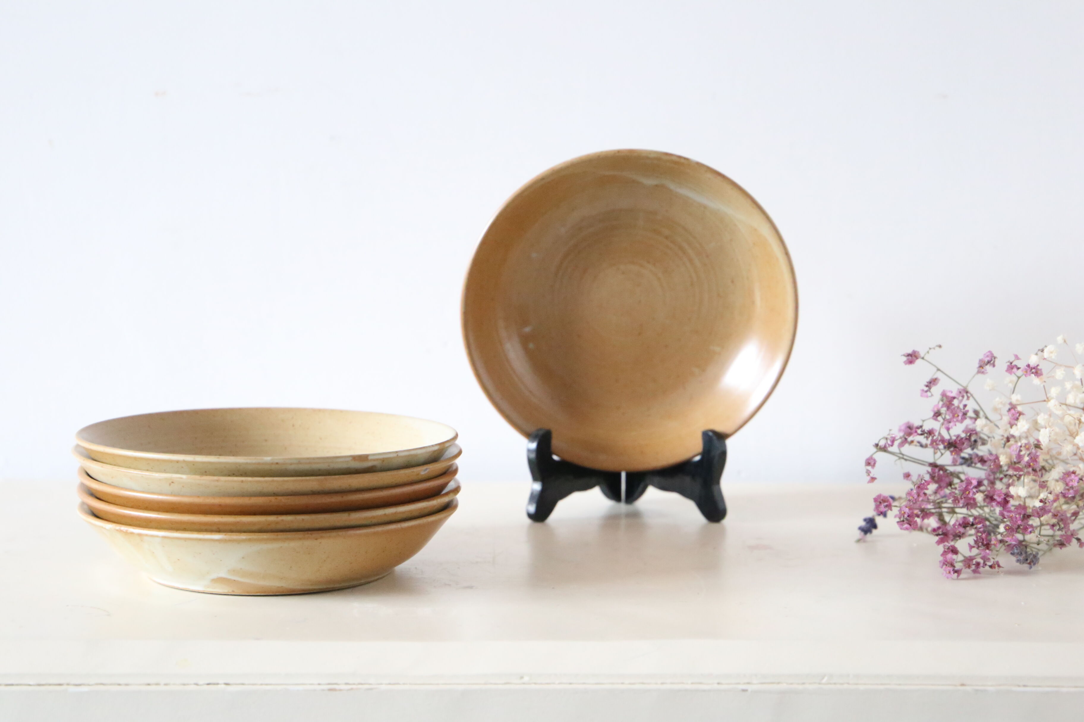 Set of 6 hollow sandstone plates, sandstone village, vintage French