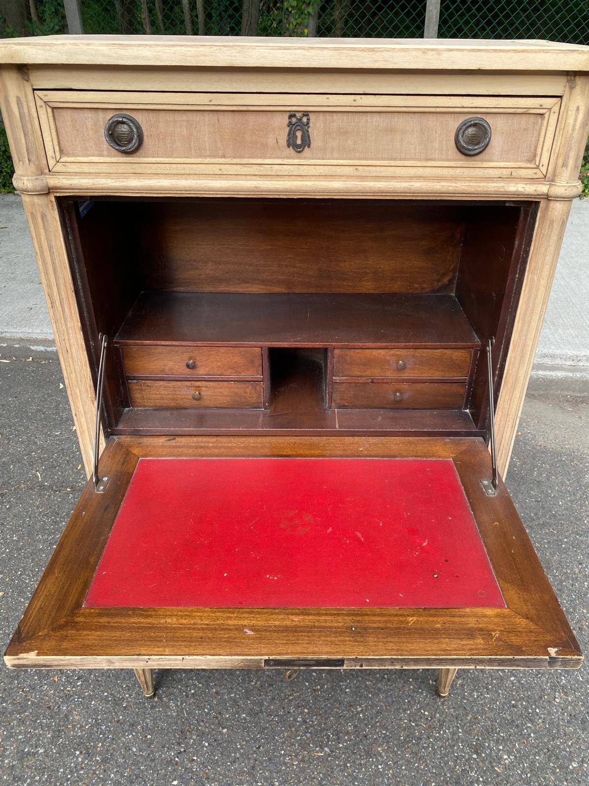 Secretary Louis XVI in stripped solid pine with a drop-down front and red leather, 1950.