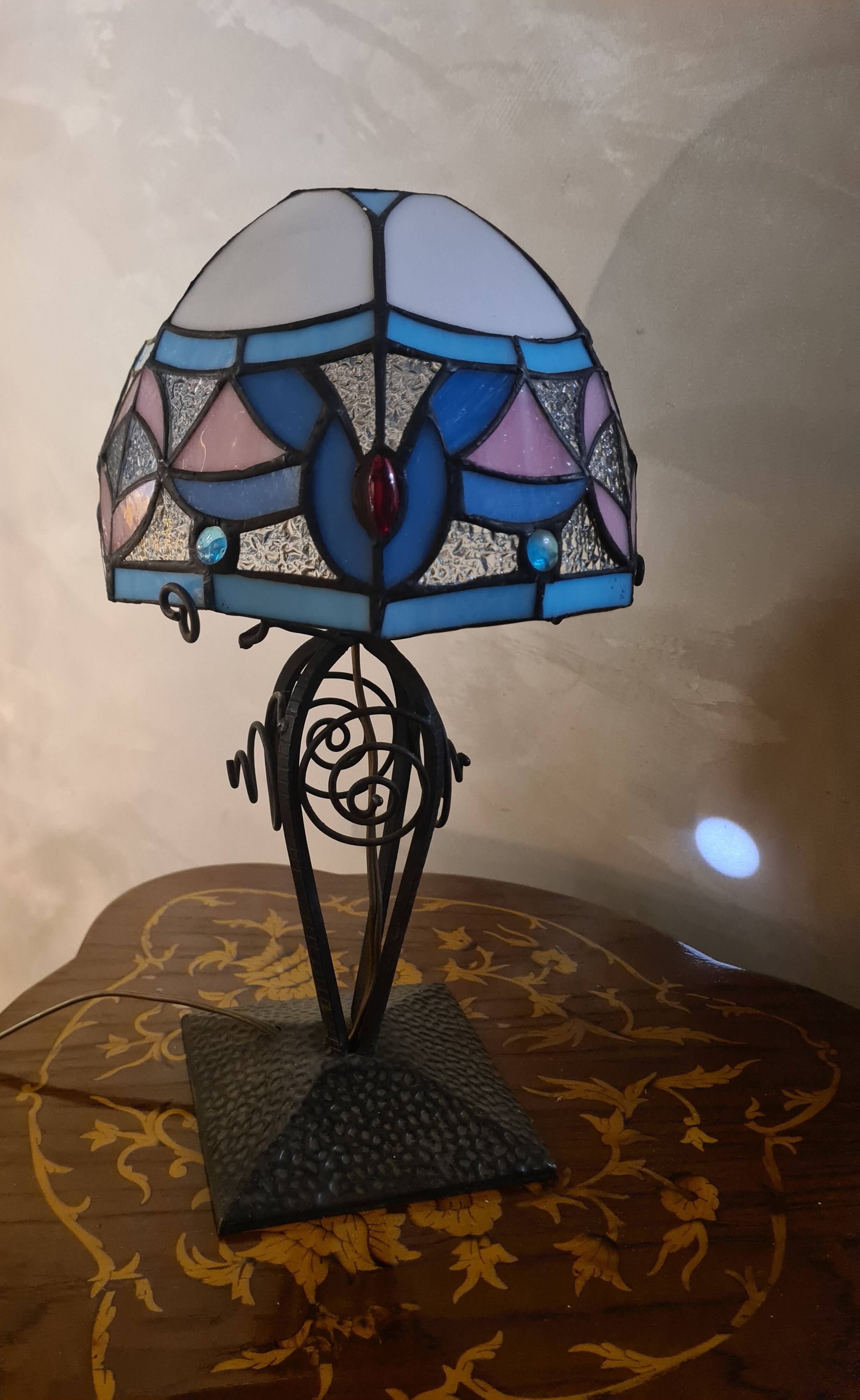 antique wrought iron lamp, 1900 to 1930 with stained glass lampshade soldered with lead