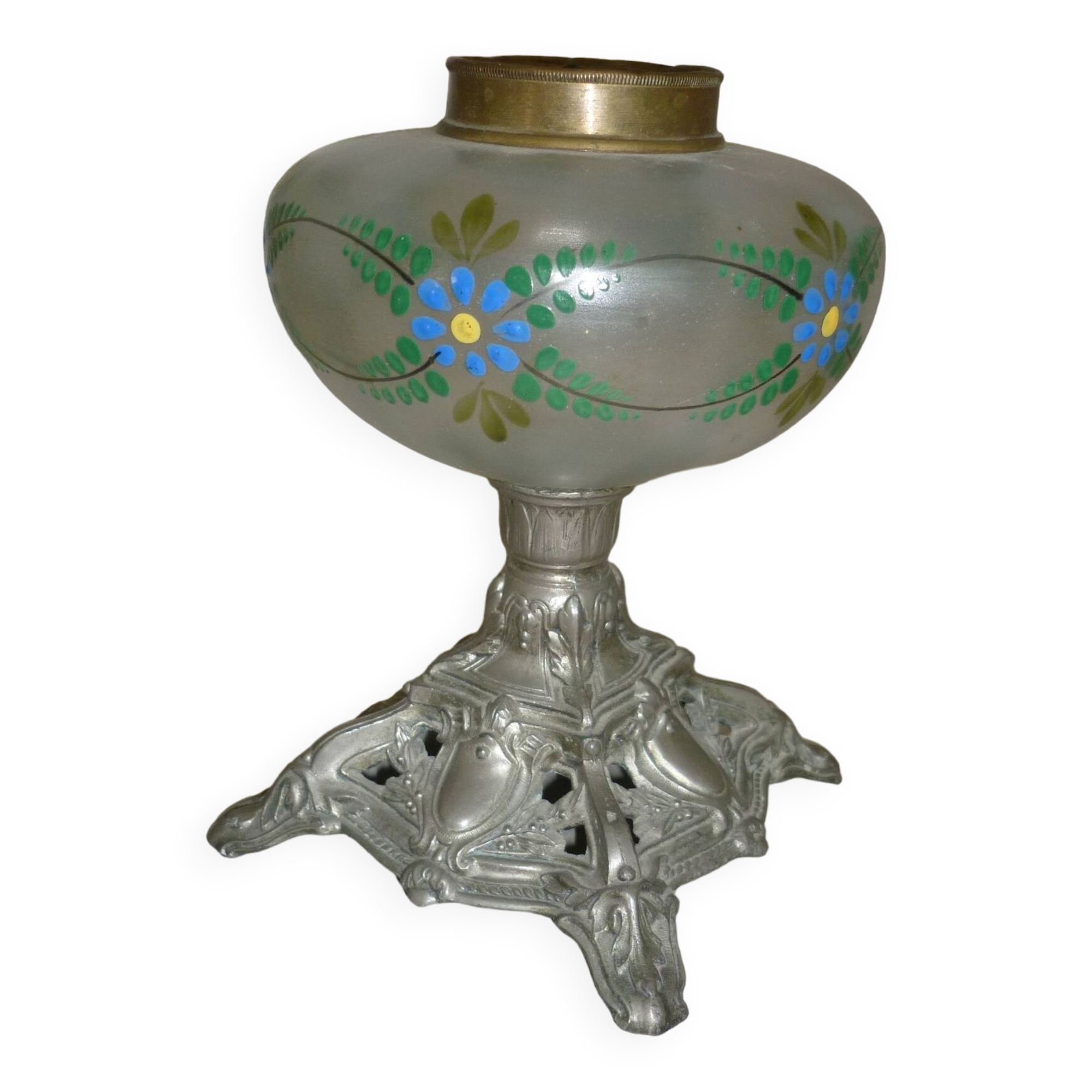 Painted oil lamp vase on pewter stand from the 19th century