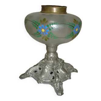 Painted oil lamp vase on pewter stand from the 19th century