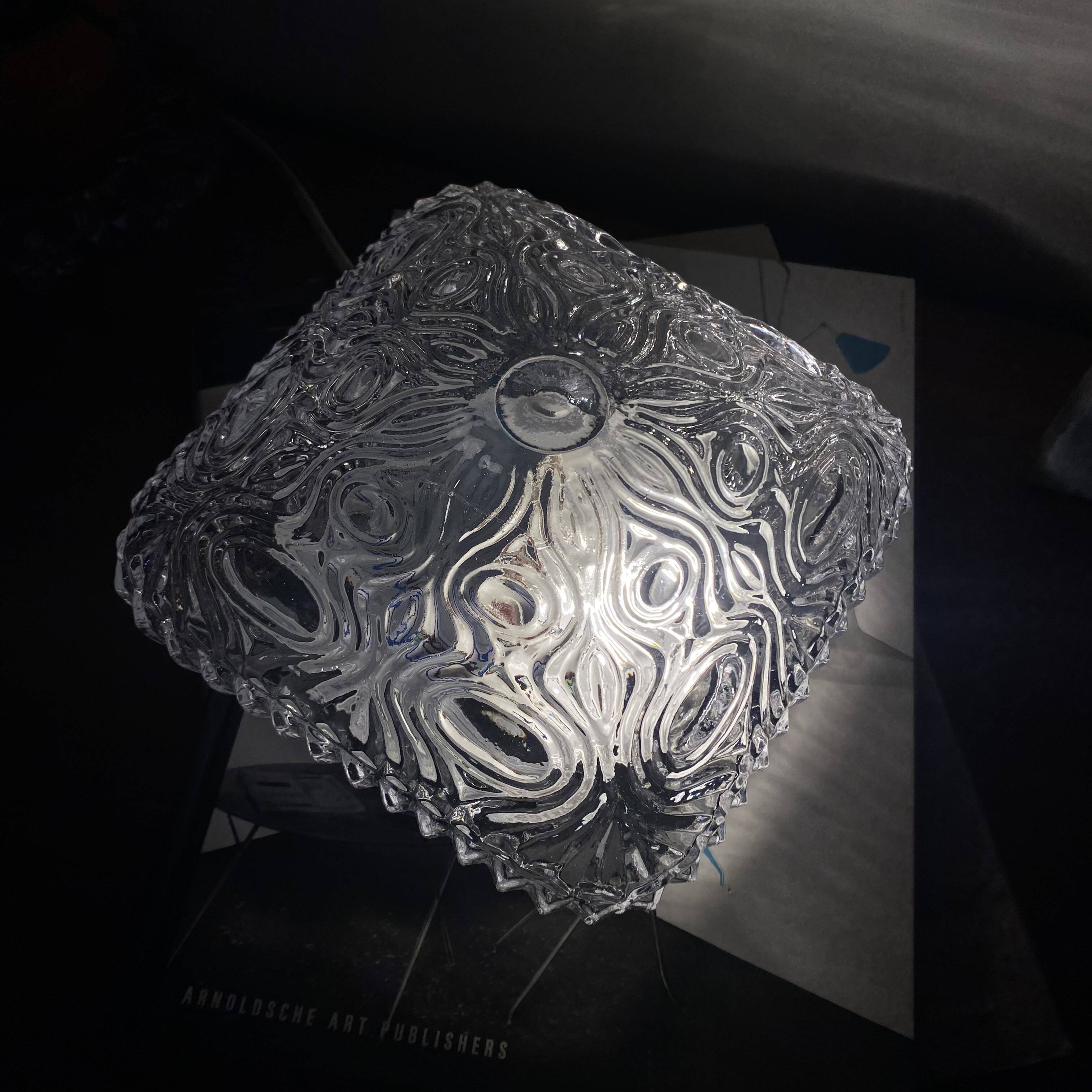 Small square wall light ceiling fixture in vintage moulded glass from the 1970s 1980s.