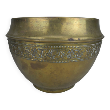 large old brass flower pot, gilded shabby decor, old brass flowers pot