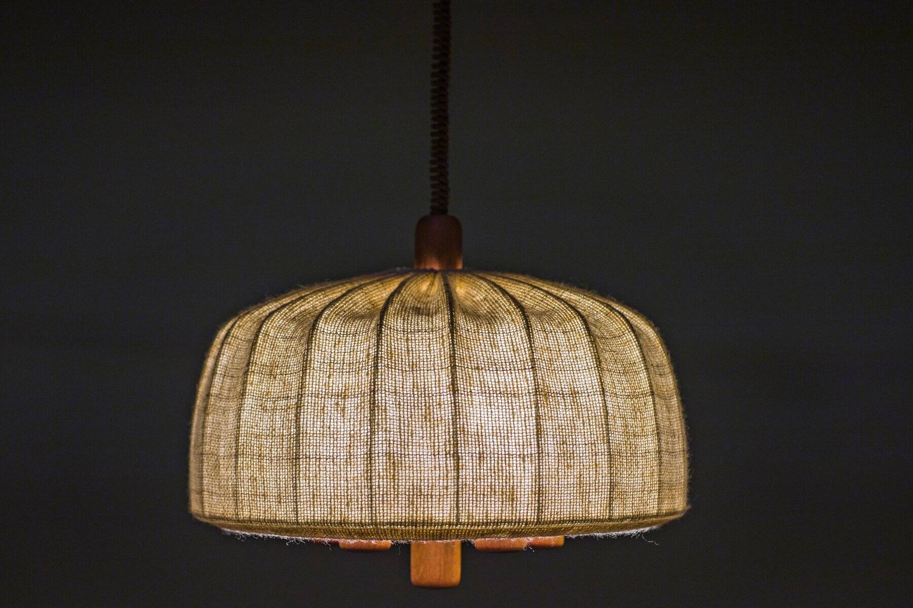 Scandinavian modern adjustable teak & wool pendant lamp from Domus, 1960s