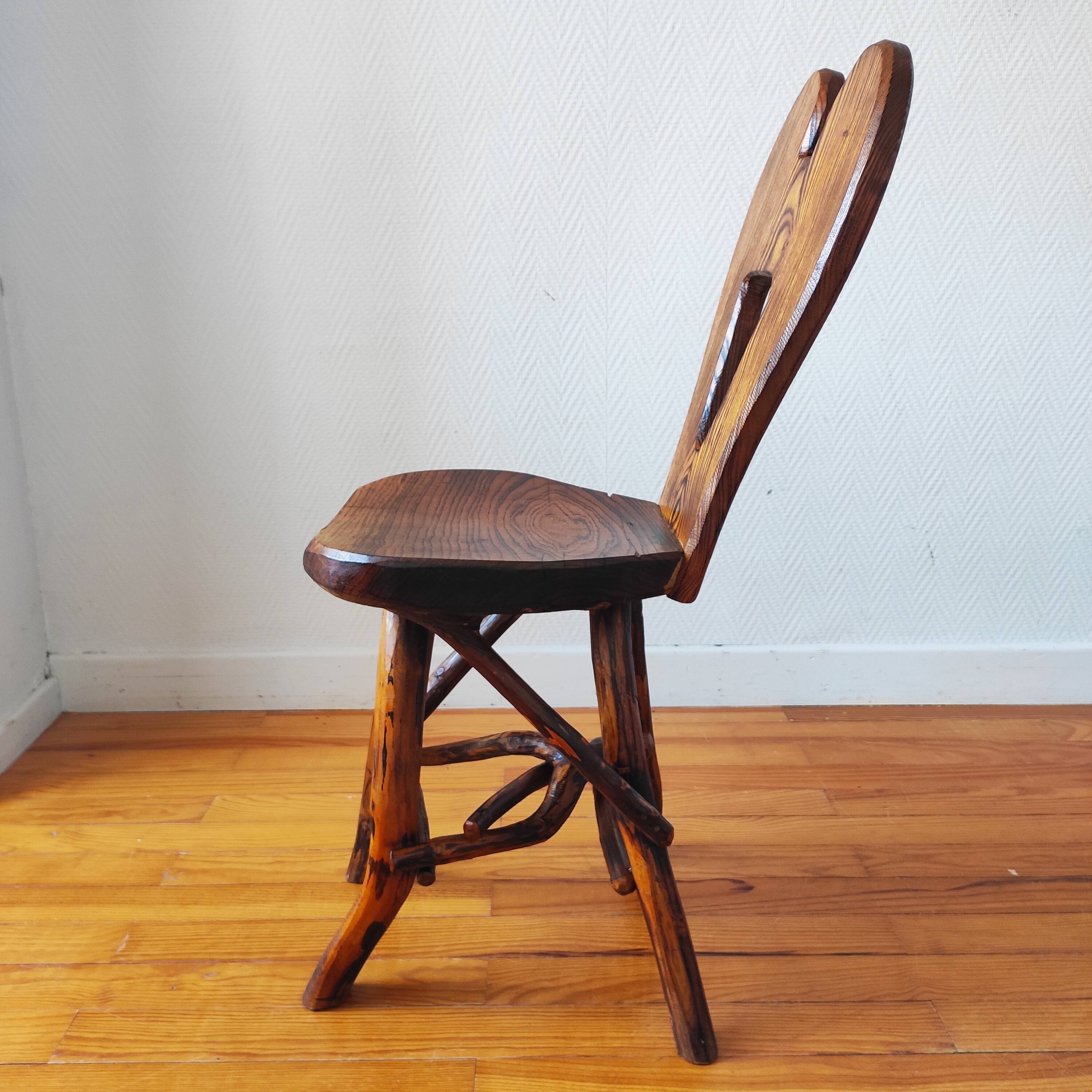 Vintage solid wood chair, popular art, brutalist style, 1950s, heart-shaped backrest.