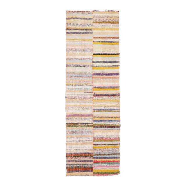 Vintage Turkish hand-knotted wool cotton beige kilim runner rug 85x260
