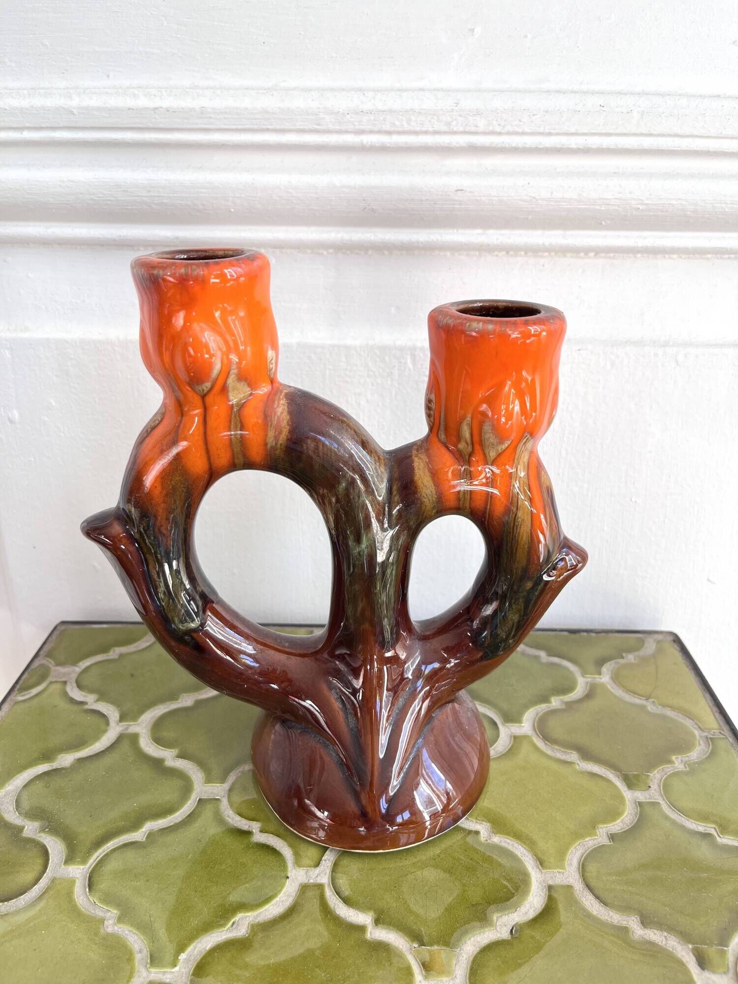 1960s ceramic two-branch candlestick chandelier